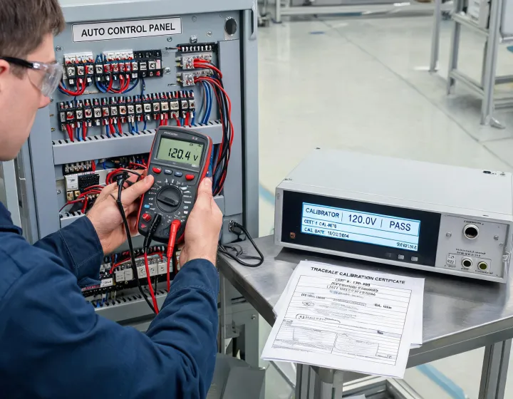 Engineer measuring an automation cabinet with Extech instruments