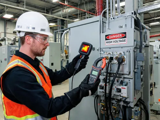 Industrial maintenance technician with clamp meter